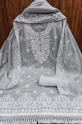 Grey Chanderi Cotton White Embroidered Lucknowi Chikankari Style Salwar Suit Dress Material Dupatta