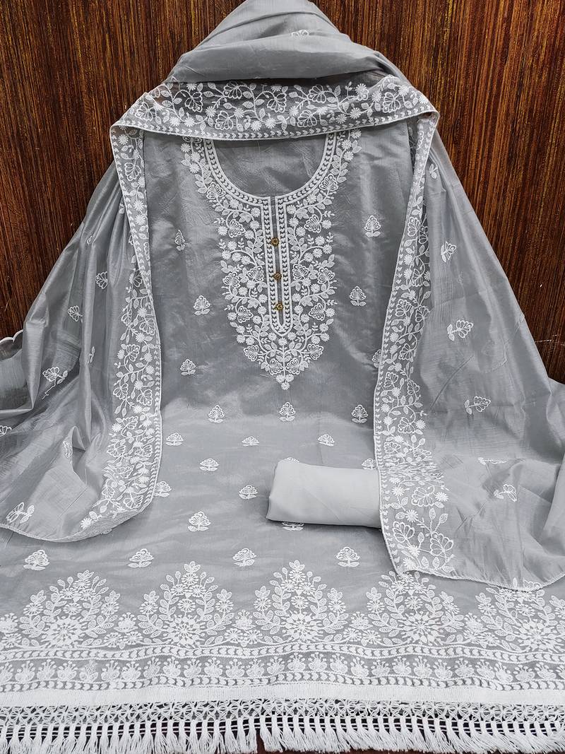Grey Chanderi Cotton White Embroidered Lucknowi Chikankari Style Salwar Suit Dress Material Dupatta
