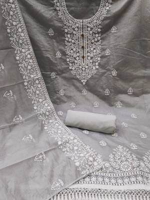 Grey Chanderi Cotton White Embroidered Lucknowi Chikankari Style Salwar Suit Dress Material Dupatta 3