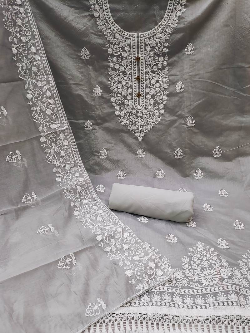 Grey Chanderi Cotton White Embroidered Lucknowi Chikankari Style Salwar Suit Dress Material Dupatta