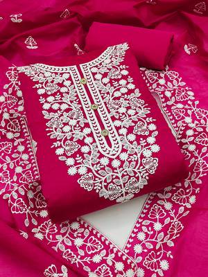 Rani Pink Chanderi Cotton White Embroidered Lucknowi Chikankari Style Salwar Suit Dress Material Dupatta 1