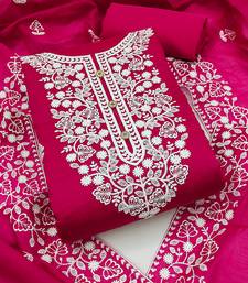 Rani Pink Chanderi Cotton White Embroidered Lucknowi Chikankari Style Salwar Suit Dress Material Dupatta