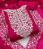 Rani Pink Chanderi Cotton White Embroidered Lucknowi Chikankari Style Salwar Suit Dress Material Dupatta