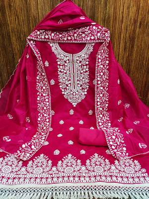 Rani Pink Chanderi Cotton White Embroidered Lucknowi Chikankari Style Salwar Suit Dress Material Dupatta 2
