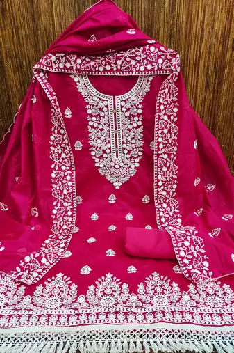 Rani Pink Chanderi Cotton White Embroidered Lucknowi Chikankari Style Salwar Suit Dress Material Dupatta