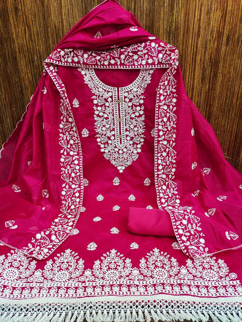Rani Pink Chanderi Cotton White Embroidered Lucknowi Chikankari Style Salwar Suit Dress Material Dupatta
