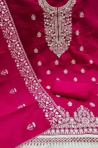 Rani Pink Chanderi Cotton White Embroidered Lucknowi Chikankari Style Salwar Suit Dress Material Dupatta