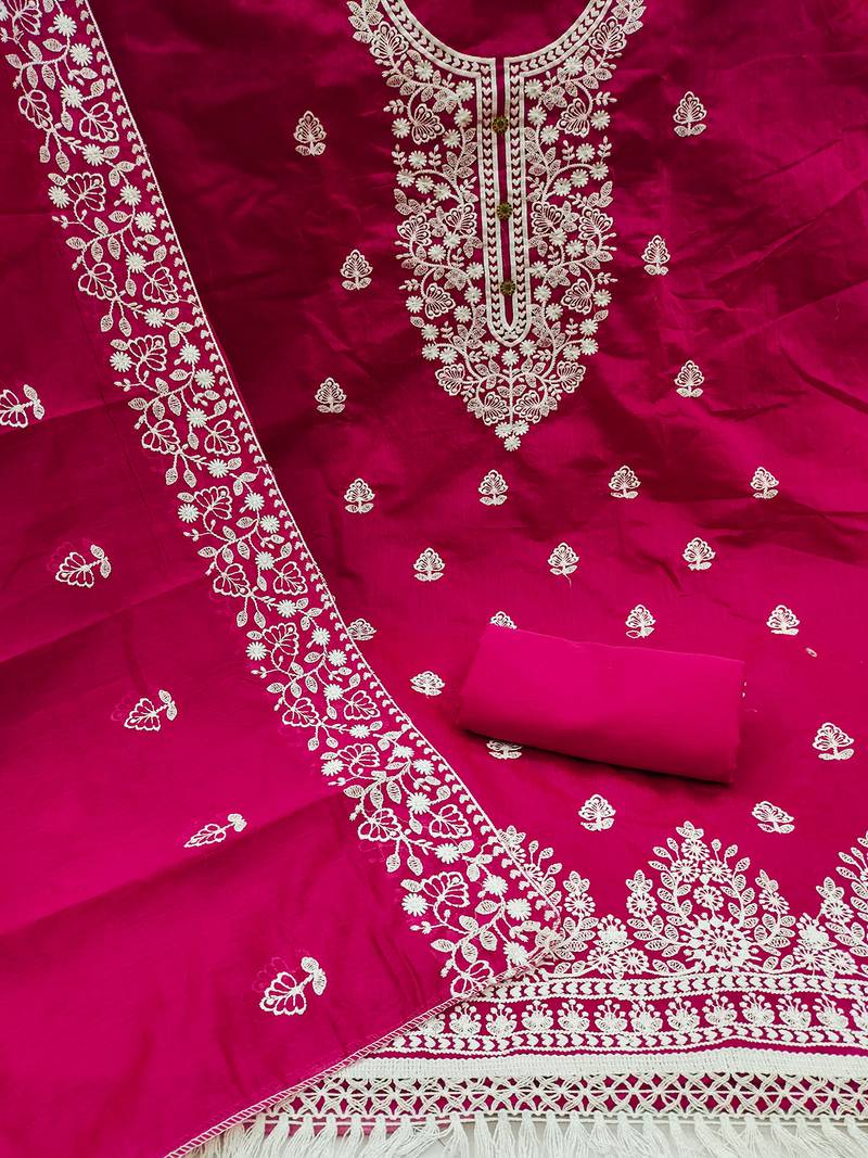 Rani Pink Chanderi Cotton White Embroidered Lucknowi Chikankari Style Salwar Suit Dress Material Dupatta
