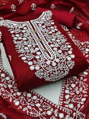 Chanderi Cotton Red Embroidered Lucknowi Chikankari Style Salwar Suit Dress Material Dupatta 1