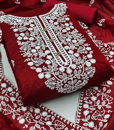 Chanderi Cotton Red Embroidered Lucknowi Chikankari Style Salwar Suit Dress Material Dupatta