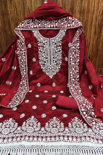 Chanderi Cotton Red Embroidered Lucknowi Chikankari Style Salwar Suit Dress Material Dupatta