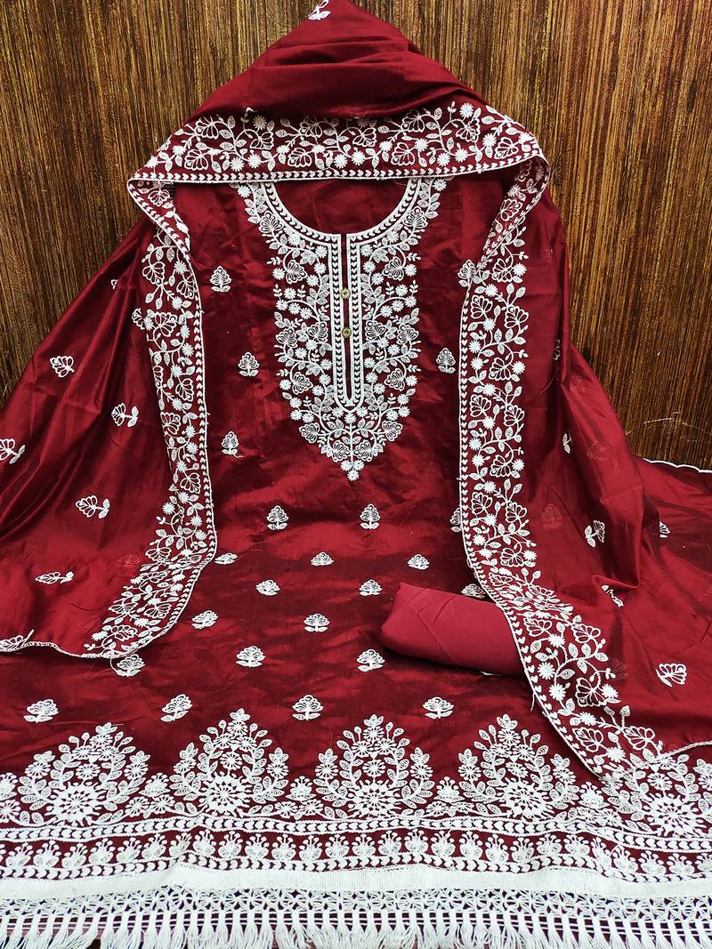 Chanderi Cotton Red Embroidered Lucknowi Chikankari Style Salwar Suit Dress Material Dupatta