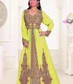 Yellow & Inner White color luxurious Full Sleeves Handmade Moroccan Kaftan.