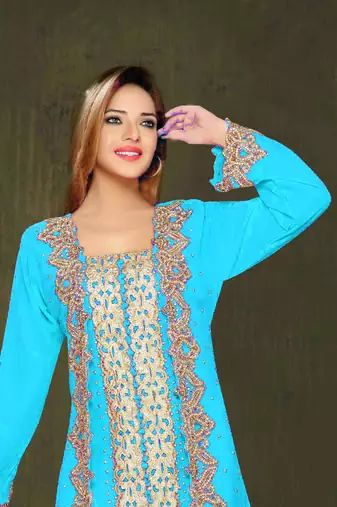 Cyan color Full Sleeves Handmade Moroccan Kaftan