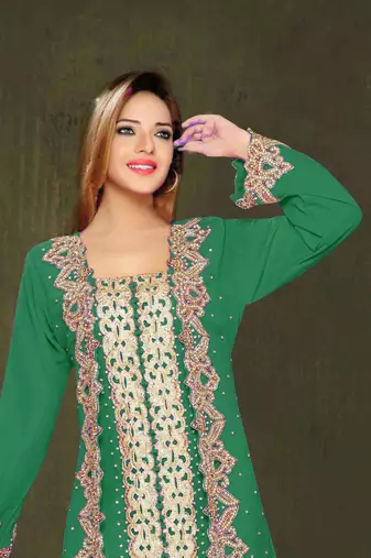 Dark Green color Full Sleeves Handmade Moroccan Kaftan