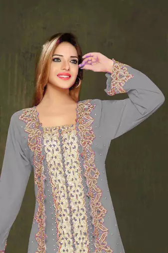 Grey color Full Sleeves Handmade Moroccan Kaftan