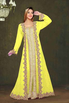 Yellow color Full Sleeves Handmade Moroccan Kaftan 1