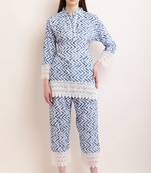 Pavonine firozi color zig-zag printed with lace inserted cord set for women