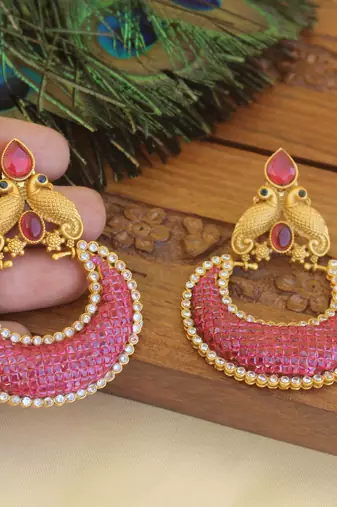 Designer matte finish ruby peacock earrings