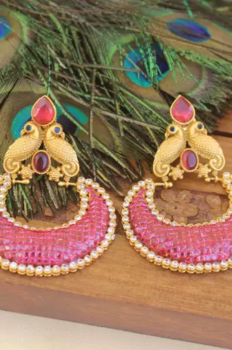 Designer matte finish ruby peacock earrings