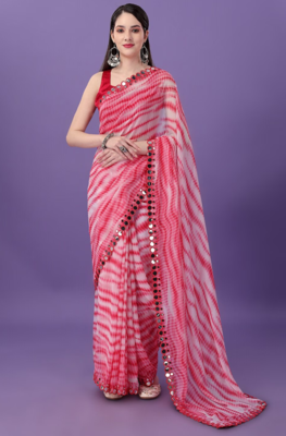 Pink Georgette Printe work Arificial Glass border lace with saree with Border 1