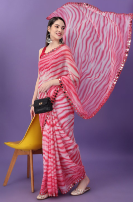 Pink Georgette Printe work Arificial Glass border lace with saree with Border 2
