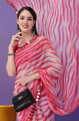 Pink Georgette Printe work Arificial Glass border lace with saree with Border 3
