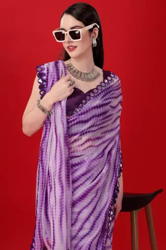 Purple Georgette Printe work Arificial Glass border lace with saree with Border