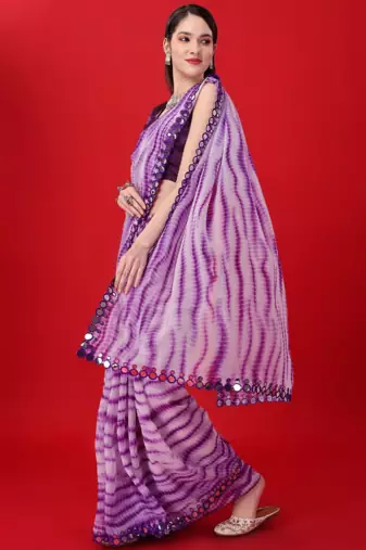 Purple Georgette Printe work Arificial Glass border lace with saree with Border