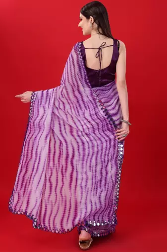 Purple Georgette Printe work Arificial Glass border lace with saree with Border