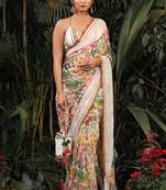 White Georgette Multi color print work saree with Blouse