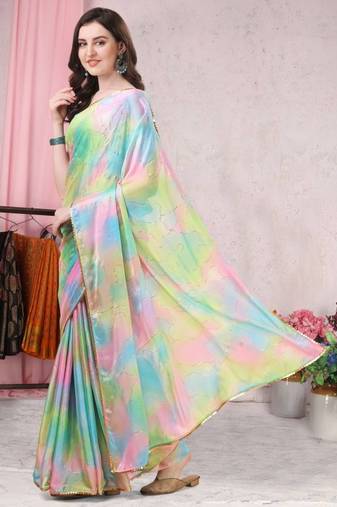 Light  Georgette multi color print work border saree with Blouse
