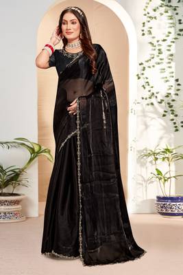 Embellished Chinon Chiffon Saree In Black With Matching Blouse Piece 1