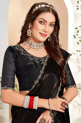 Embellished Chinon Chiffon Saree In Black With Matching Blouse Piece