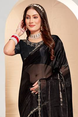 Embellished Chinon Chiffon Saree In Black With Matching Blouse Piece 3