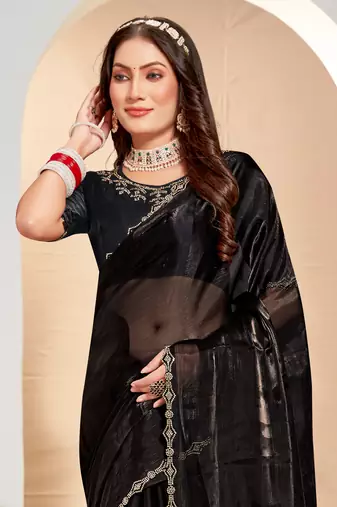 Embellished Chinon Chiffon Saree In Black With Matching Blouse Piece