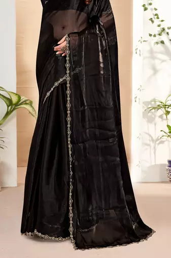 Embellished Chinon Chiffon Saree In Black With Matching Blouse Piece