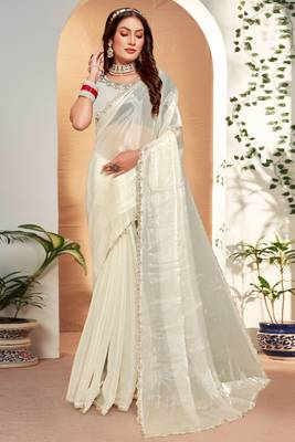 Embellished Chinon Chiffon Saree In Off White With Matching Blouse Piece 1