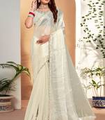 Embellished Chinon Chiffon Saree In Off White With Matching Blouse Piece