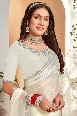 Embellished Chinon Chiffon Saree In Off White With Matching Blouse Piece 2