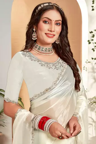 Embellished Chinon Chiffon Saree In Off White With Matching Blouse Piece