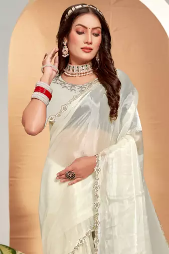 Embellished Chinon Chiffon Saree In Off White With Matching Blouse Piece