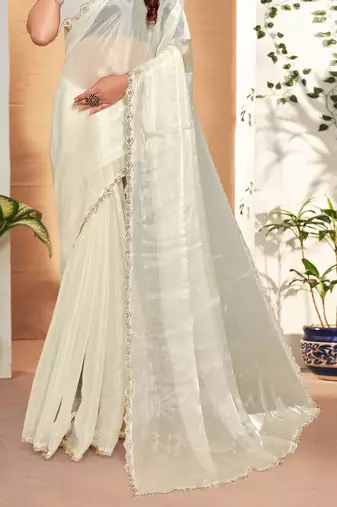 Embellished Chinon Chiffon Saree In Off White With Matching Blouse Piece