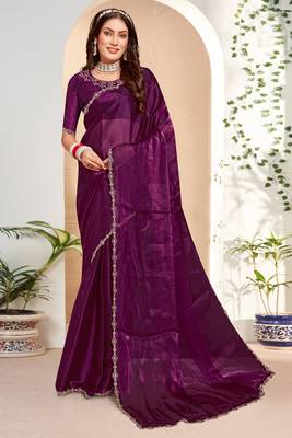 Embellished Chinon Chiffon Saree In Purple With Matching Blouse Piece 1