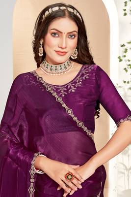 Embellished Chinon Chiffon Saree In Purple With Matching Blouse Piece 2