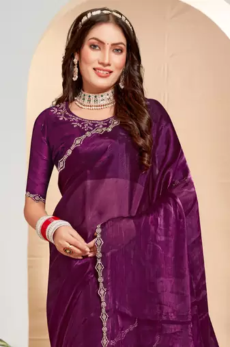 Embellished Chinon Chiffon Saree In Purple With Matching Blouse Piece