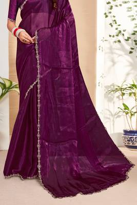Embellished Chinon Chiffon Saree In Purple With Matching Blouse Piece 4
