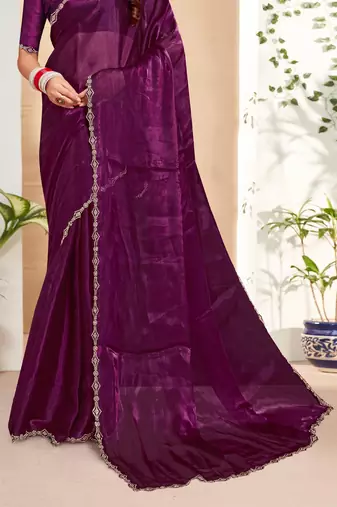Embellished Chinon Chiffon Saree In Purple With Matching Blouse Piece