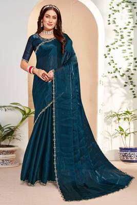 Embellished Chinon Chiffon Saree In Teal Blue With Matching Blouse Piece 1