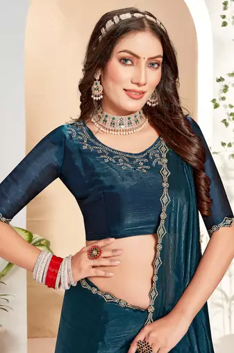 Embellished Chinon Chiffon Saree In Teal Blue With Matching Blouse Piece